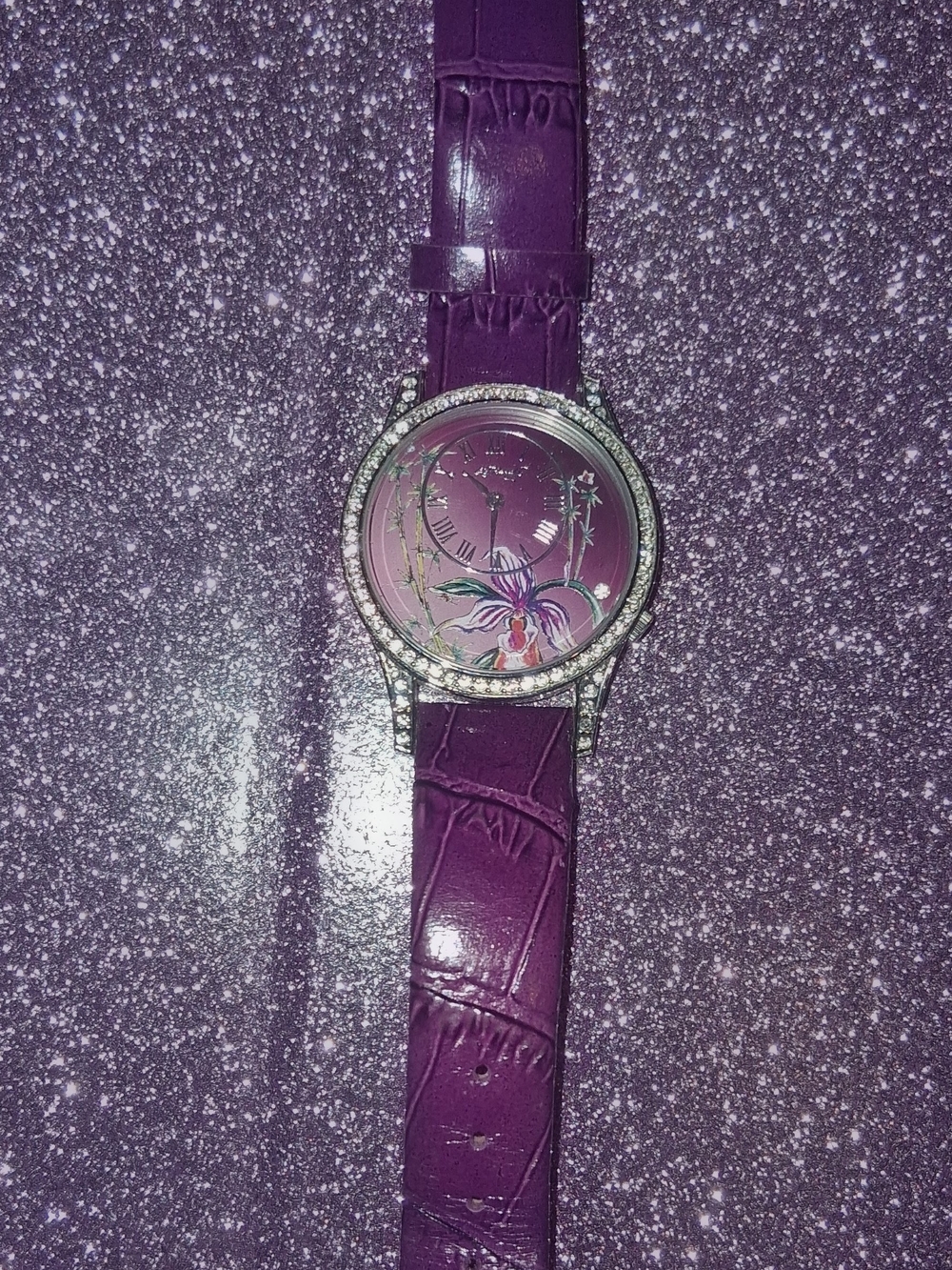 Ed Hardy Women's Crystal Bezel Watch Orchid Bamboo Dial EL-PU 0789 Leather Band